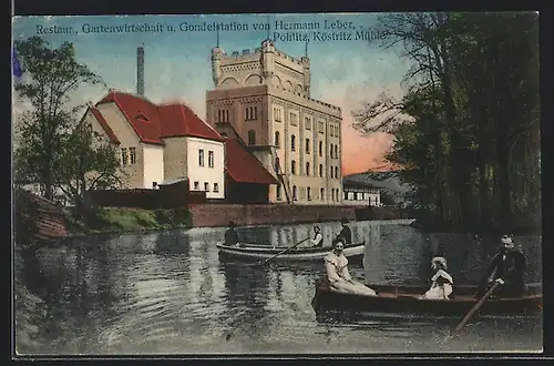 AK Pohlitz /Köstritz-Mühle, Gaststätte Hermann Leber, vom Wasser gesehen, mit Bootspartie