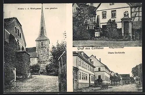 AK Tüttleben, Obere Dorfstrasse, Kirche mit Kirchgasse, Kriegerdenkmal