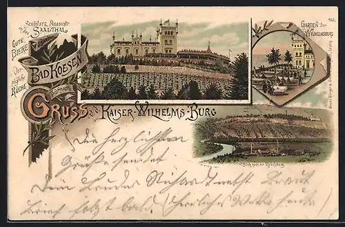 Lithographie Bad Kösen, Gasthaus Kaiser Wilhelm Burg, Garten