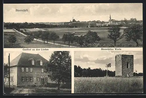 AK Bienstädt /Erfurt, Gasthof zu den Linden C. Friedrich, Bienstädter Warte, Panorama mit Landstrasse