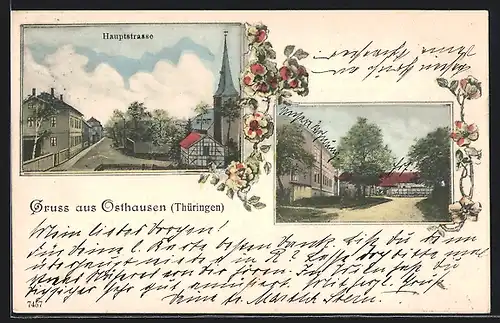 AK Osthausen i. Thür., Hauptstrasse mit Kirche