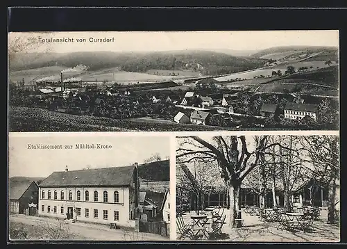 AK Cursdorf, Gasthaus Zur Mühltal-Krone mit Gartenansicht, Totalansicht