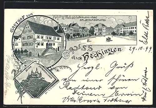 Lithographie Hechingen, Gasthof zum Mohren am Schlossplatz, Bes. Löfflers Wwe.