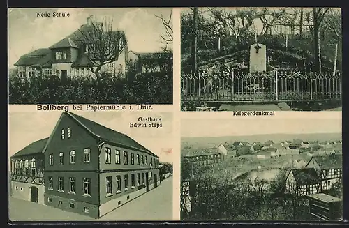 AK Bollberg bei Papiermühle, Gasthaus Edwin Staps, Neue Schule, Kriegerdenkmal