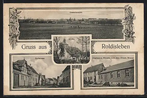 AK Roldisleben, Gasthaus Zum weissen Ross, Dorfstrasse, Gesamtansicht