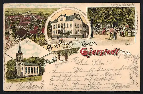 Lithographie Gierstedt am Walde, Gasthaus zum goldenen Lamm mit Garten, Kirche, Ortsansicht