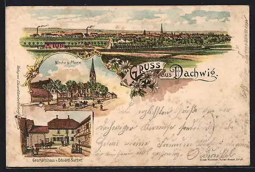 Lithographie Dachwig, Geschäftshaus v. Eduard Surber, Kirche und Pfarrei, Ortsansicht
