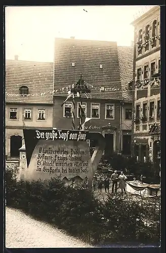 Foto-AK Penig, Heimatfest, Topfskulptur am Markt