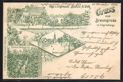 Lithographie Braunsroda bei Eckartsberga, Gast- und Logierhaus A. Volk, Romantischer Wasserfall, Dorfstrasse