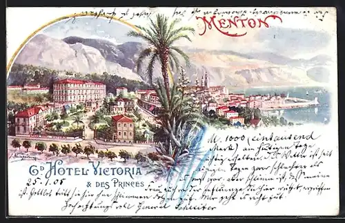 Lithographie Menton, Gd. Hotel Victoria & des Princes