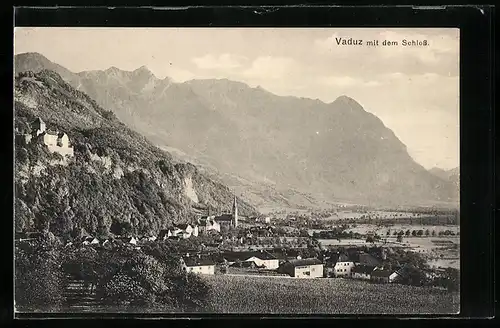 AK Vaduz, Ortsansicht mit Schloss und Alpenkette