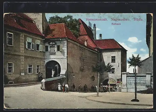 AK Hermannstadt, Rathaus mit Ochsenfuhrwerk