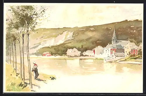 Künstler-AK Henri Cassiers: Dave, Blick über den Fluss zum Ort