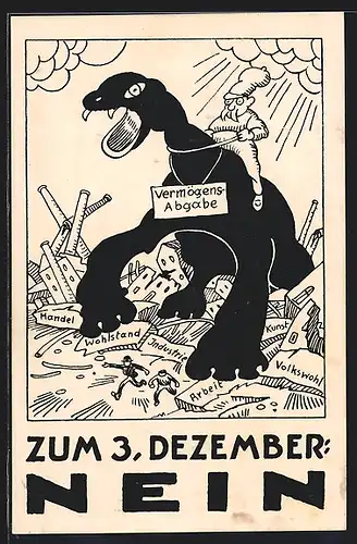 AK Abstimmung gegen dei Vermögensabgabe, Drache trampelt Arbeit, Handel, Wohlstand nieder, zum 3. Dezember: Nein