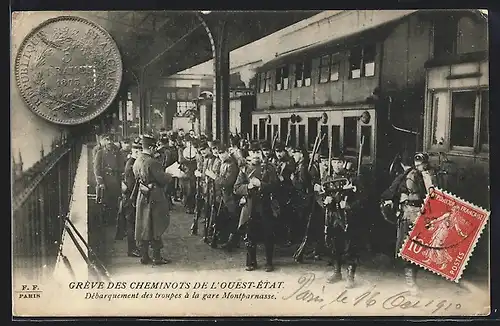 AK Montparnasse, Gréve des Cheminots de l`Ouest-État, Débarquement des troupes à la Gare, französische Eisenbahn