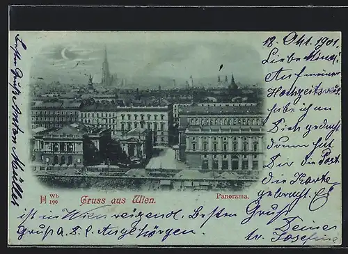 Mondschein-AK Wien, Panoramablick über die Stadt