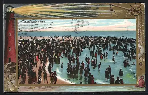 Präge-AK Stamford, CT, Scene at the Sea, crowded with Beach-Goers, maritime passepartout