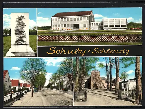 AK Schuby /Schleswig, Kirche, Denkmal, Strassenpartie