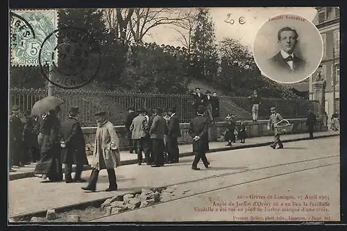 AK Limoges, Grèves de Limoges, 1905, Angle du Jardin d`Orsay où a eu lieu la fusillade