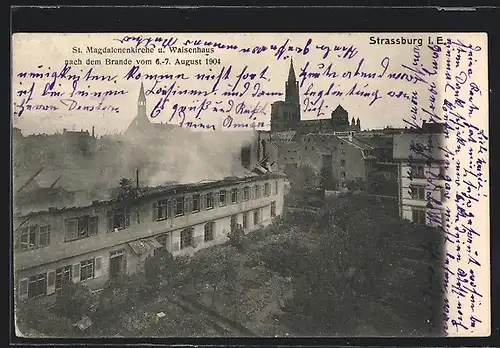 AK Strassburg i. E., St. Magdalenienkirche und Waisenhaus nach dem Brand 1904
