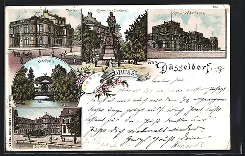 Lithographie Düsseldorf, Restaurant Jägerhof, Kunst-Akademie, Theater