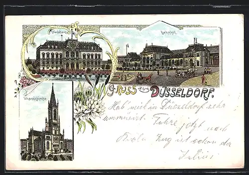 Lithographie Düsseldorf, Ständehaus, Johanniskirche, Bahnhof