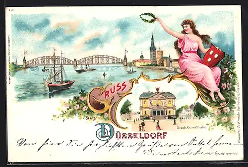 Lithographie Düsseldorf, Städtische Kunsthalle, Uferpartie mit Brücke