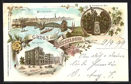 Lithographie Düsseldorf, Kunst-Akademie, Neue Rheinbrücke, Denkmal der 39er