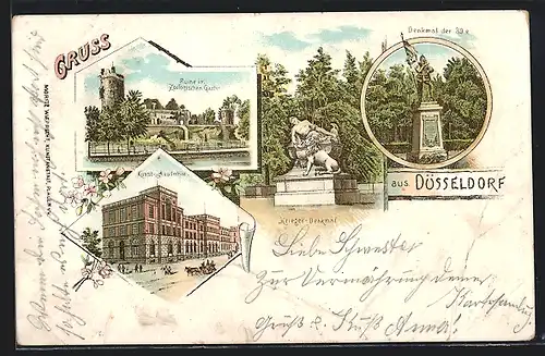 Lithographie Düsseldorf, Ruine im Zoologischen Garten, Kunst-Akademie, Krieger-Denkmal