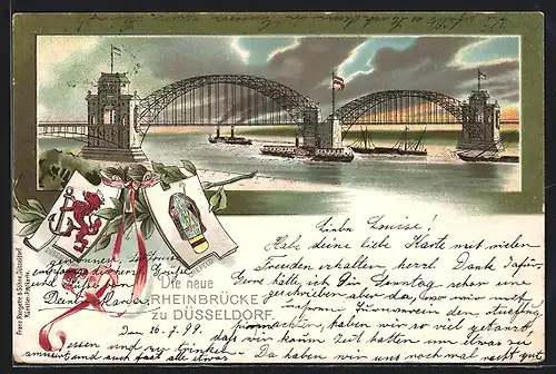 Lithographie Düsseldorf, Dampfer unter der Rheinbrücke