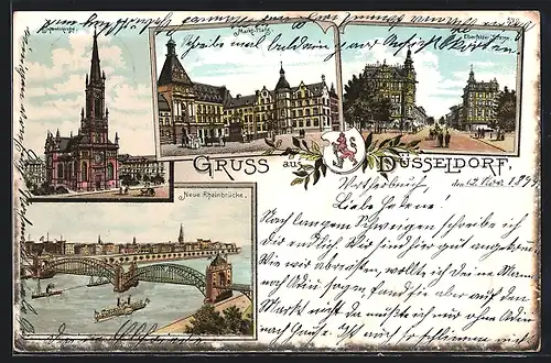 Lithographie Düsseldorf, Johanniskirche, Neue Rheinbrücke, Markt-Platz