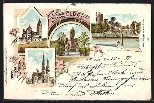 Lithographie Düsseldorf, Cornelius-Denkmal, Ruine im Zoo, St. Maria Empfängniskirche & St. Rochus-Kirche