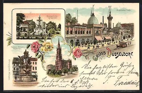 Lithographie Düsseldorf, Arabisches Café, Brunnen in der Königsallee, Kaiser-Wilhelm-Denkmal, Johannes-Kirche