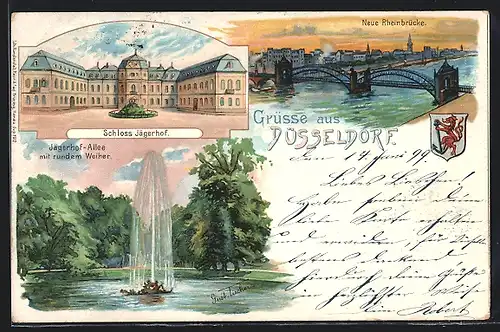 Lithographie Düsseldorf, Schloss Jägerhof, Jägerhof-Allee mit rundem Weiher, Neue Rheinbrücke