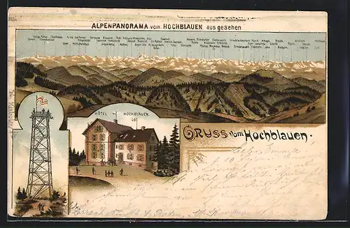 Lithographie Hochblauen, Hotel Hochblauen, Aussichtsturm, Alpenpanorama mit Tödi, Sardona und Mythen