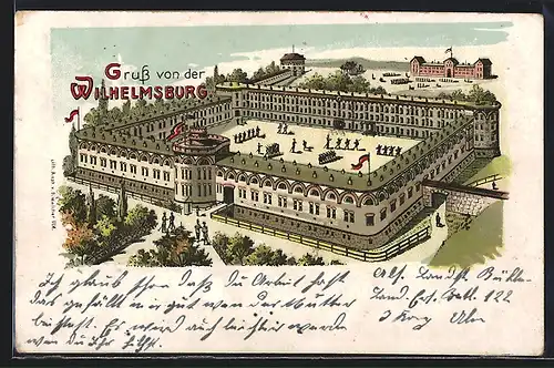 Lithographie Ulm, Wilhelmsburg als Kaserne mit Soldaten auf dem Hof