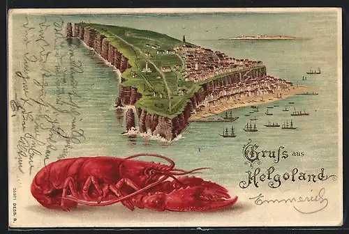 Lithographie Helgoland, Abbildung der Insel mit Hummer