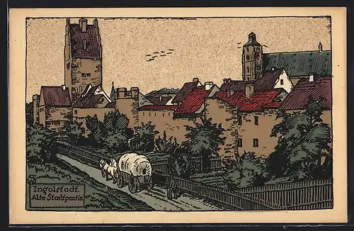 Steindruck-AK Ingolstadt, Alte Stadtpartie mit Planwagen