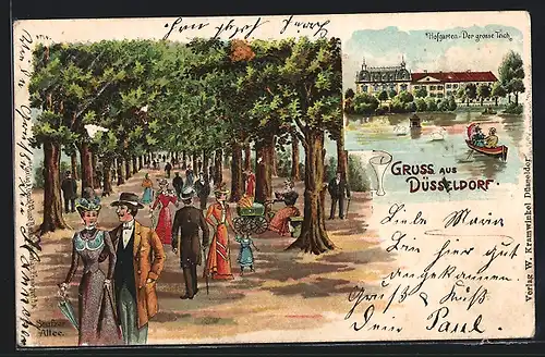 Lithographie Düsseldorf, Hofgarten und der grosse Teich, Seufzer-Allee
