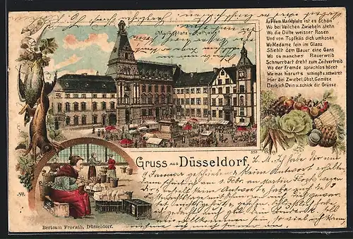 Lithographie Düsseldorf, Marktplatz und Rathaus, Marktfrau mit Geflügel