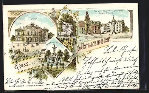 Lithographie Düsseldorf, Theater, Markt mit Denkmal des Kurfürsten Johann Wilhelm