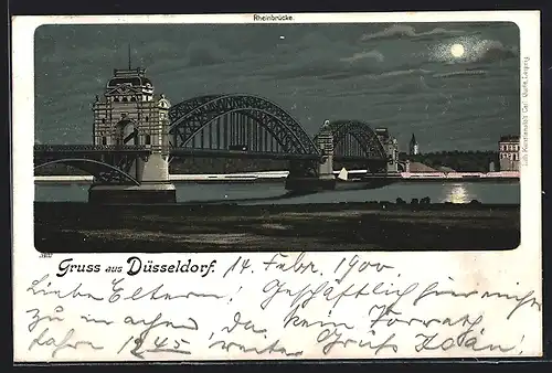 Lithographie Düsseldorf, Rheinbrücke bei Mondschein