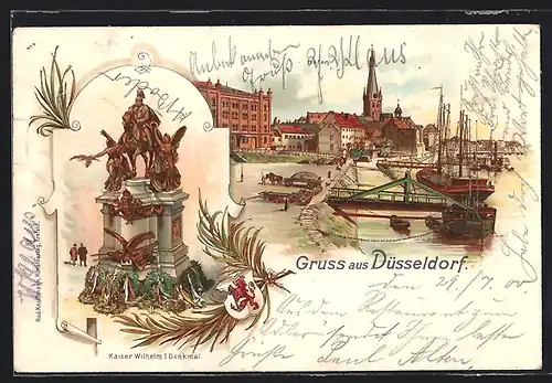 Lithographie Düsseldorf, Uferpartie mit Kirche, Kaiser Wilhelm I.-Denkmal