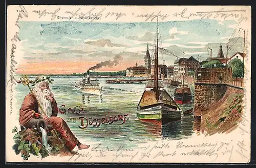 Lithographie Düsseldorf, Uferpartie mit Dampfer