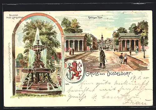 Lithographie Düsseldorf, Ratinger Tor, Brunnen in der Königsallee