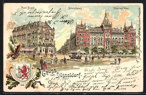 Lithographie Düsseldorf, Hotel Bristol, Bahnhofsplatz, Bahnhofs Hotel, Wappen