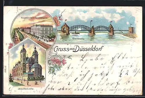 Lithographie Düsseldorf, Rheinbrücke, Hauptpostamt-Haroldstrasse und Jesuitenkirche