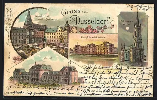 Lithographie Düsseldorf, Johannis-Kirche bei Mondschein, Königliche Kunstakademie, Marktplatz mit Rathaus