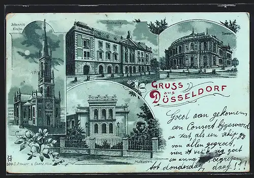 Mondschein-Lithographie Düsseldorf, Gasthaus Malkasten, Tonhalle, Johannis-Kirche