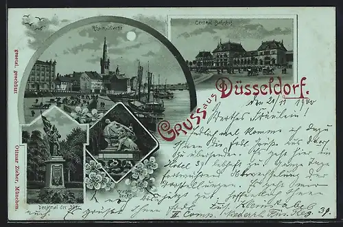 Lithographie Düsseldorf, Rhein-Werft, Central Bahnhof, Denkmal der 39er, Krieger-Denkmal